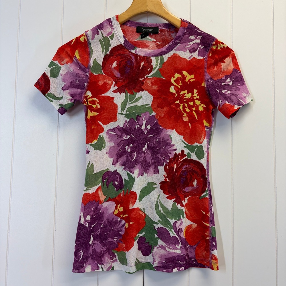 Karen Kane Y2K Sheer Mesh Floral Top Women Small Boho Indie Sleaze Abstract Chic